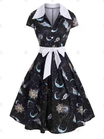 Sun Moon Star Mock Button V Notch Dress