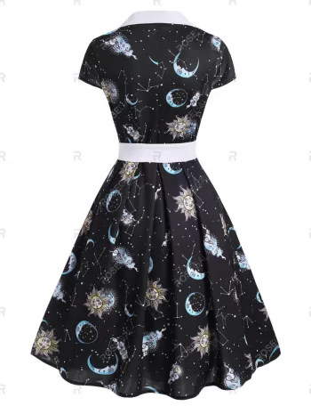 Sun Moon Star Mock Button V Notch Dress
