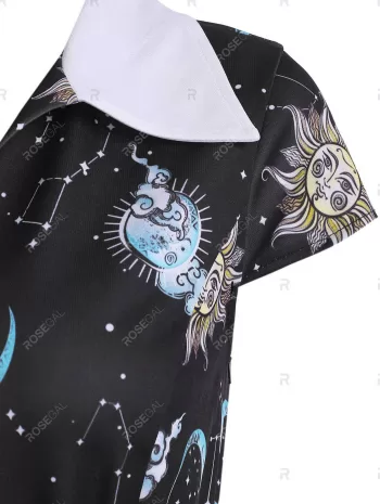 Sun Moon Star Mock Button V Notch Dress