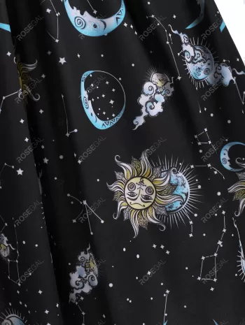 Sun Moon Star Mock Button V Notch Dress