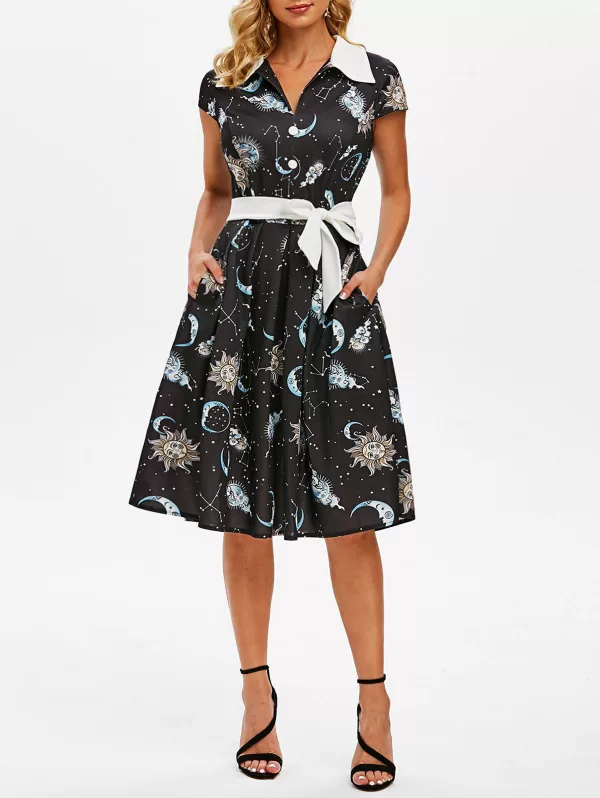 Sun Moon Star Mock Button V Notch Dress