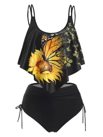 Sunflower Butterfly Print Cinched Flounce Overlay Tankini Swimwear