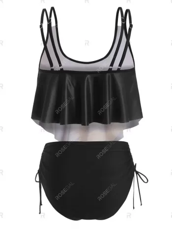 Sunflower Butterfly Print Cinched Flounce Overlay Tankini Swimwear