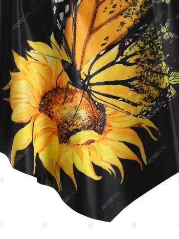 Sunflower Butterfly Print Cinched Flounce Overlay Tankini Swimwear