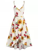 Sunflower Print Spaghetti Strap Surplice Dress