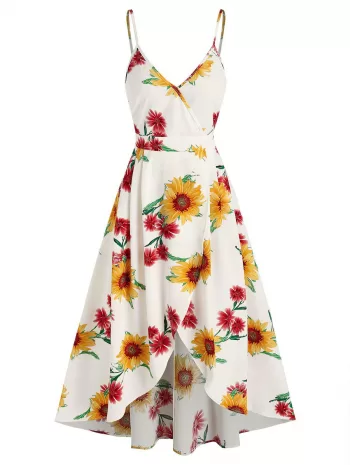 Sunflower Print Spaghetti Strap Surplice Dress
