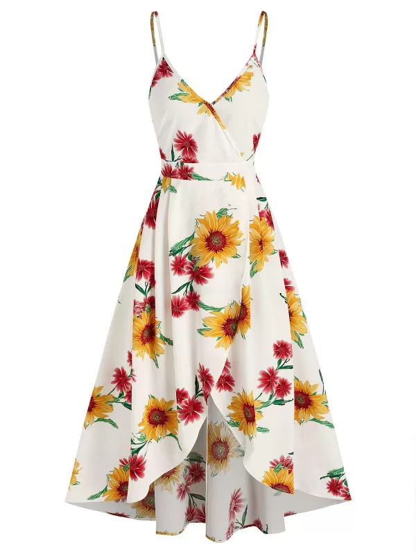 Sunflower Print Spaghetti Strap Surplice Dress