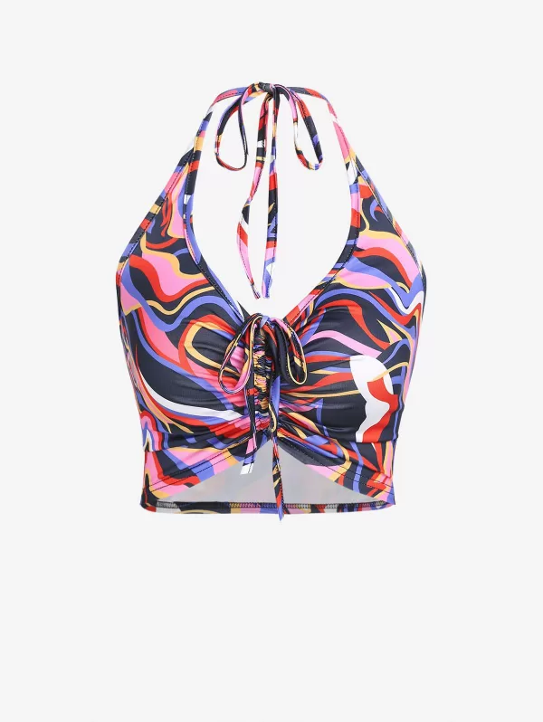 Swirl Print Halter Cinched Crop Tank Top