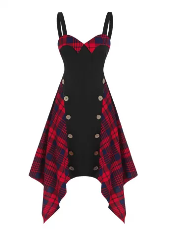 Tartan Insert Button Asymmetrical Cami Dress