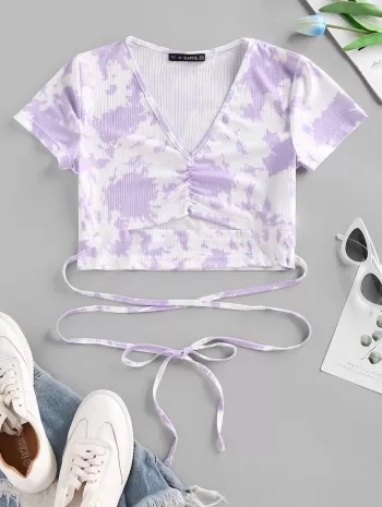 Tie Dye Ribbed Ruched Cutout Criss Cross T Shirt