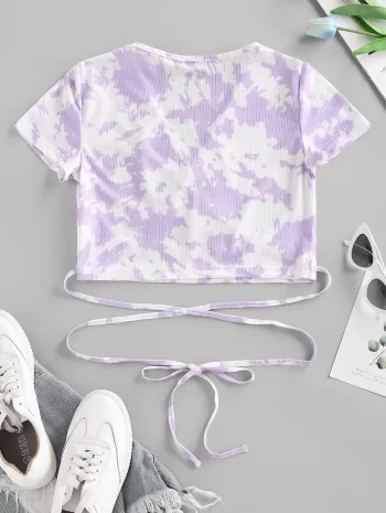 Tie Dye Ribbed Ruched Cutout Criss Cross T Shirt