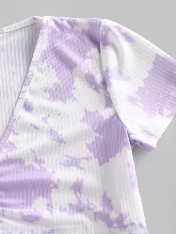 Tie Dye Ribbed Ruched Cutout Criss Cross T Shirt