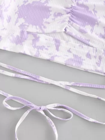 Tie Dye Ribbed Ruched Cutout Criss Cross T Shirt