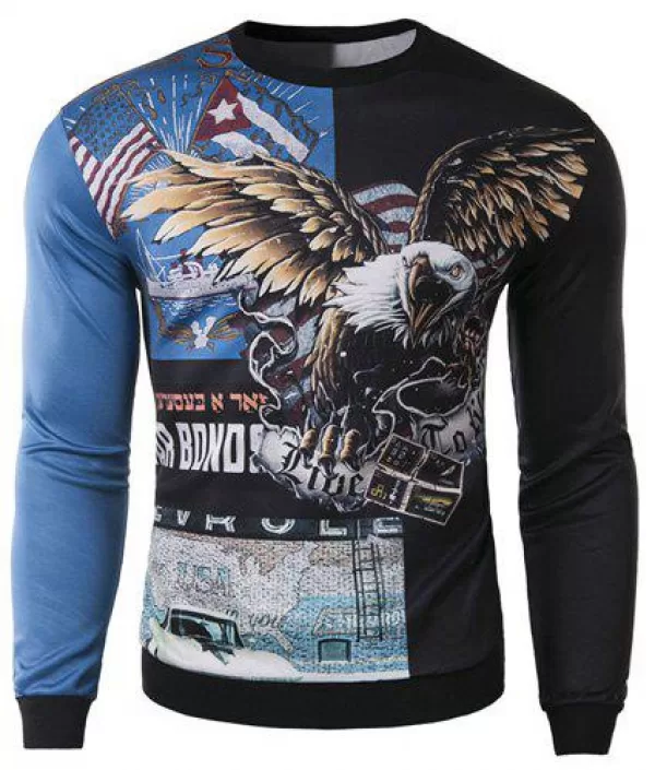 Trendy Round Neck 3d Eagle Pattern Slimming Long Sleeve Cotton Blend Sweatshirt For Men