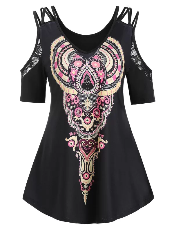 Tribal Print Strappy Lace Insert T-shirt