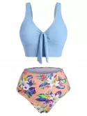 Tropical Flower Ribbed Tied Plunging Tankini Swimwear