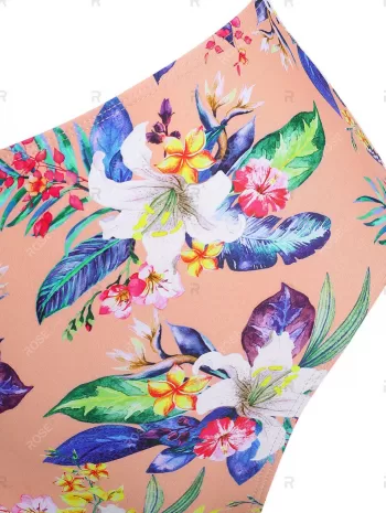 Tropical Flower Ribbed Tied Plunging Tankini Swimwear