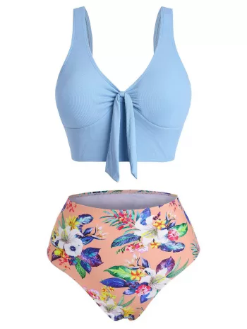 Tropical Flower Ribbed Tied Plunging Tankini Swimwear