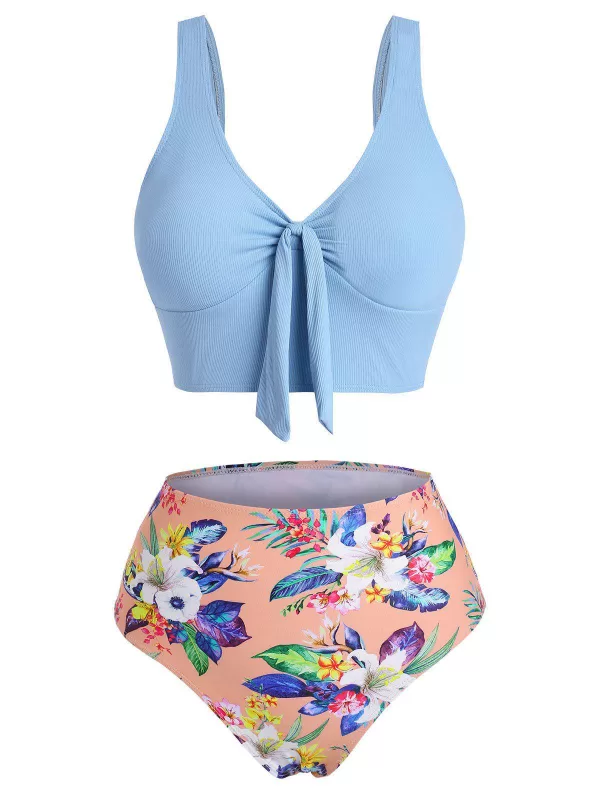 Tropical Flower Ribbed Tied Plunging Tankini Swimwear