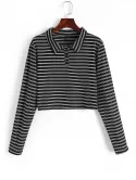 Turn-down Collar Half-buttoned Striped Crop Knitwear