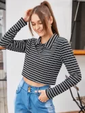Turn-down Collar Half-buttoned Striped Crop Knitwear