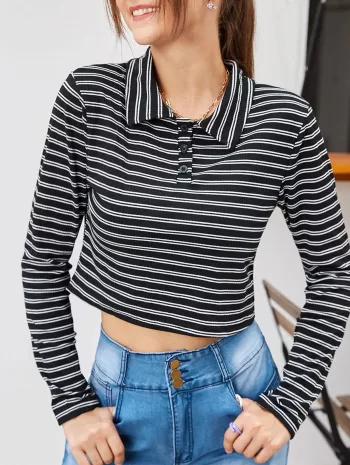 Turn-down Collar Half-buttoned Striped Crop Knitwear