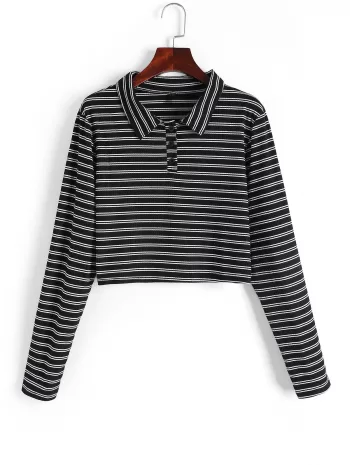 Turn-down Collar Half-buttoned Striped Crop Knitwear