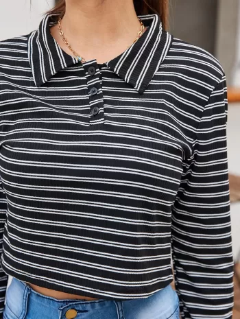 Turn-down Collar Half-buttoned Striped Crop Knitwear
