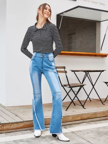 Turn-down Collar Half-buttoned Striped Crop Knitwear