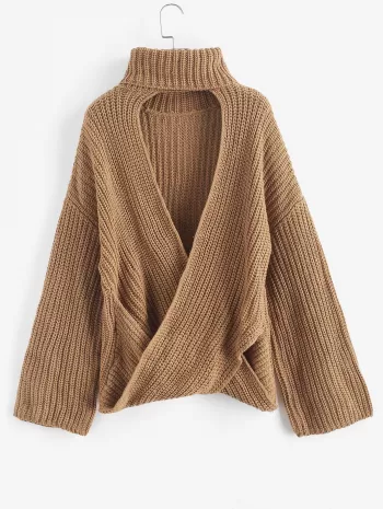Turtleneck Wrap Back Chunky Drop Shoulder Sweater