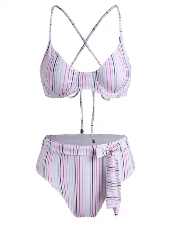 Underwire Belted Crisscross Back Striped High Cut Bikini Swimwear