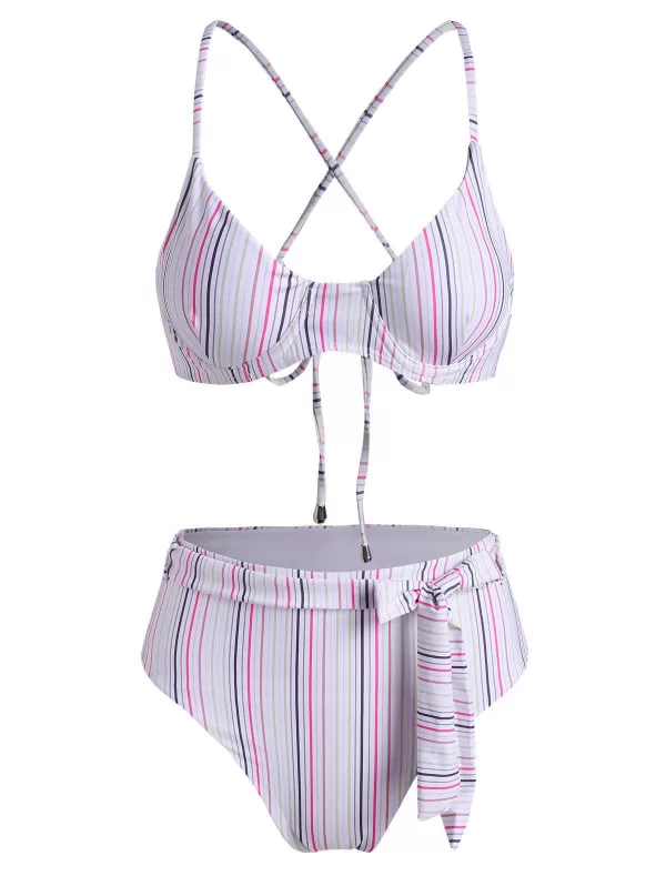Underwire Belted Crisscross Back Striped High Cut Bikini Swimwear