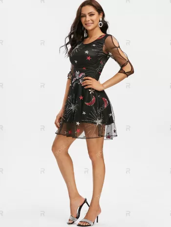 Unicorn Star Embroidered Sequin Panel Mesh Dress
