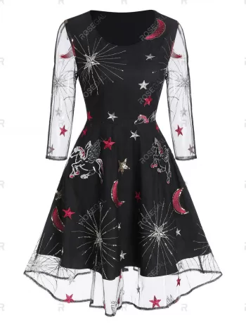 Unicorn Star Embroidered Sequin Panel Mesh Dress