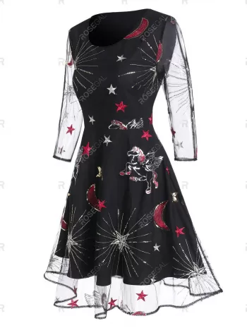Unicorn Star Embroidered Sequin Panel Mesh Dress