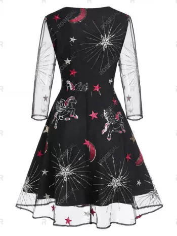 Unicorn Star Embroidered Sequin Panel Mesh Dress