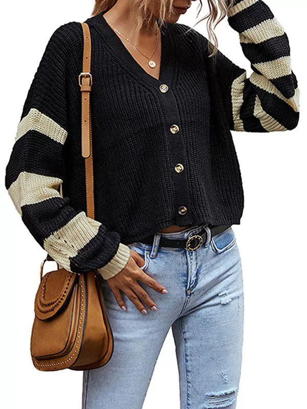 V Neck Striped Sleeve Button Up Cardigan