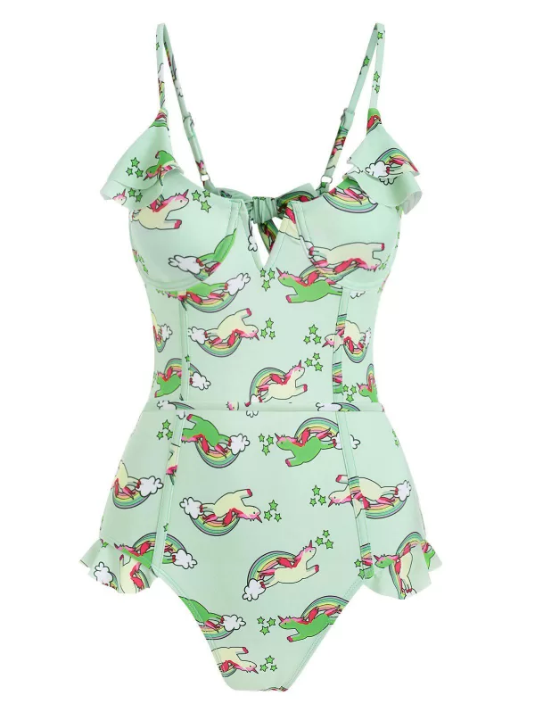 V-wired Rainbow Unicorn Print Underwire Ruffle One-piece Swimsuit