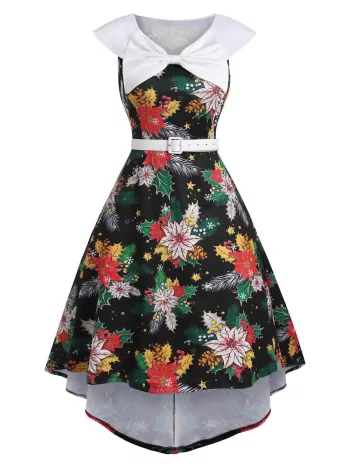 Vintage Bowknot Plants Print Sleeveless High Low Dress