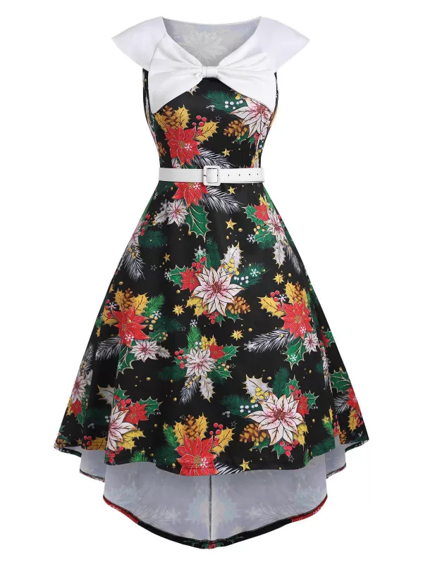 Vintage Bowknot Plants Print Sleeveless High Low Dress