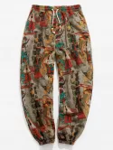 Vintage Print Drawstring Casual Pants