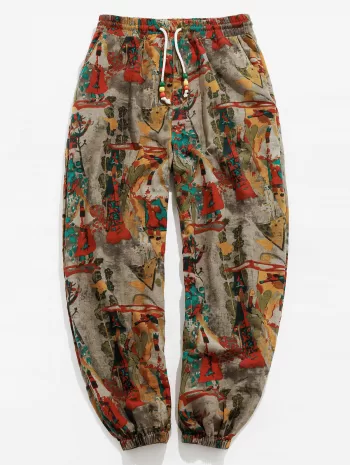 Vintage Print Drawstring Casual Pants