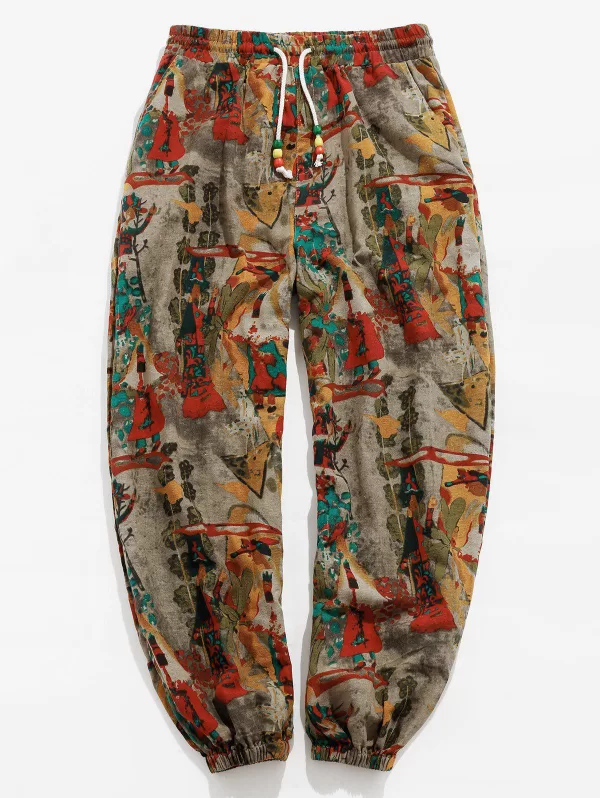 Vintage Print Drawstring Casual Pants