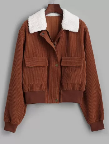 Zip Up Fur Collar Pockets Corduroy Jacket