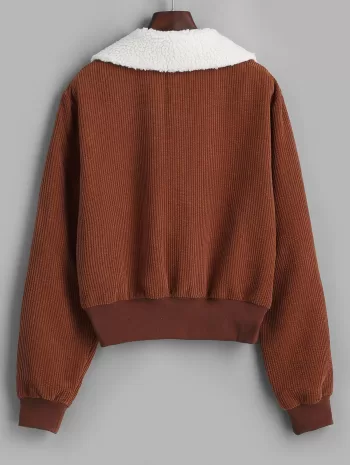 Zip Up Fur Collar Pockets Corduroy Jacket
