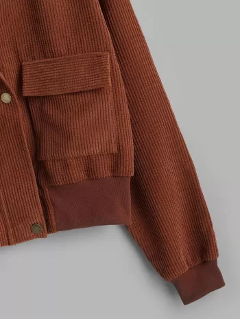 Zip Up Fur Collar Pockets Corduroy Jacket