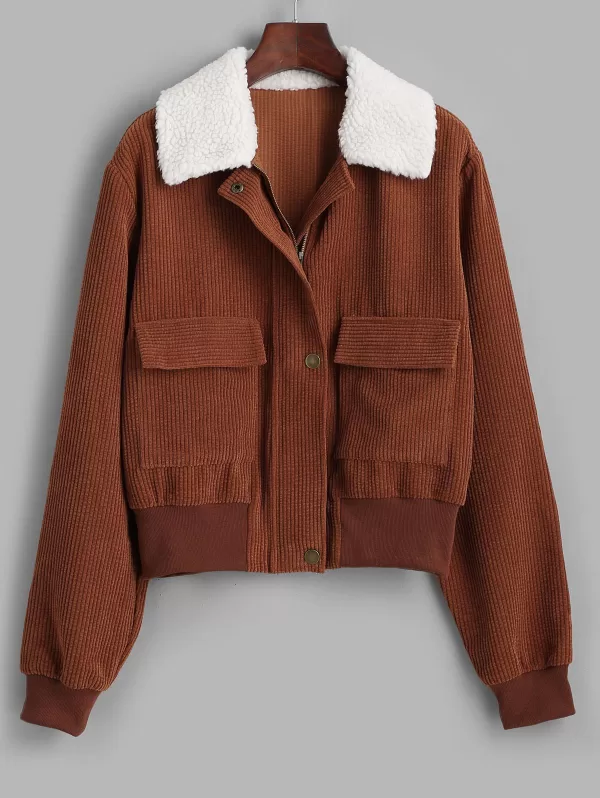 Zip Up Fur Collar Pockets Corduroy Jacket